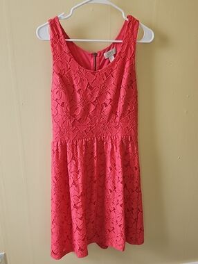 LOFT Bright Coral Lace Fit-and-Flare Dress
